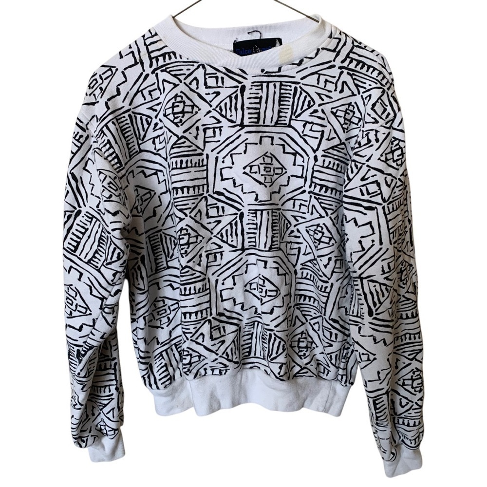Vintage Crewneck Sweatshirt Falcon Court Geometric Black White 80s Retro Small